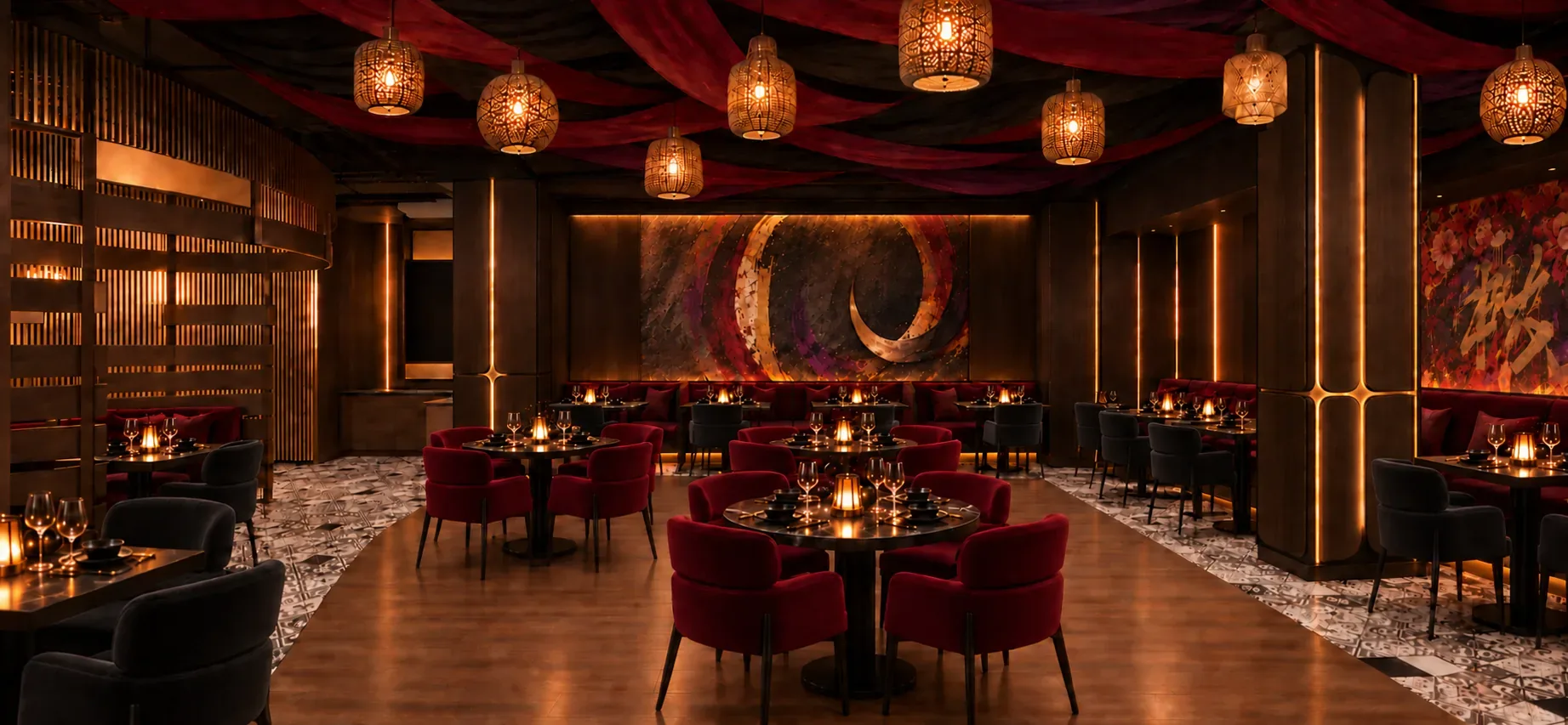 Hotel restaurant in crimson velvet and fluted walnut, Dubai