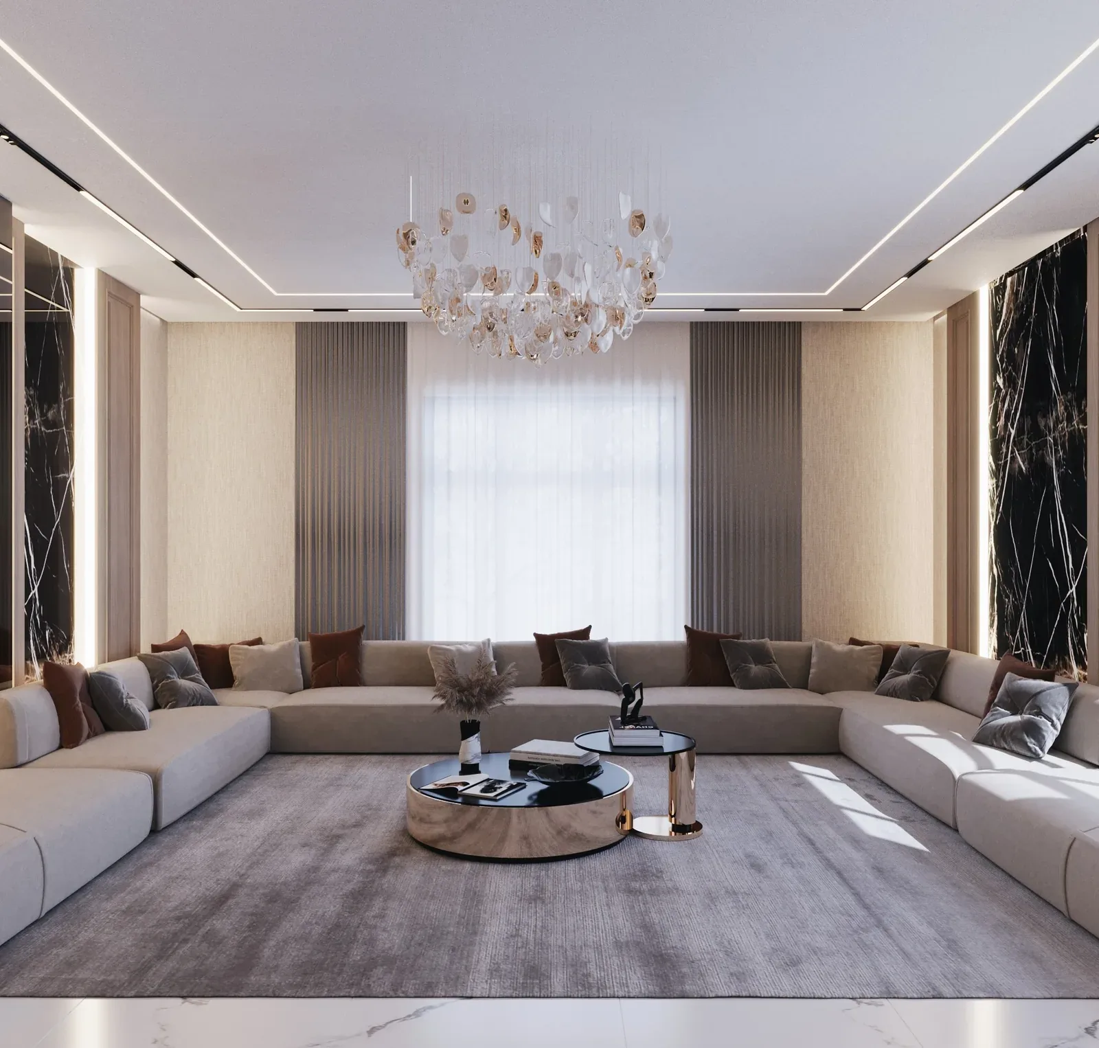 Majlis in Statuario marble and fluted timber, private residence in Dubai