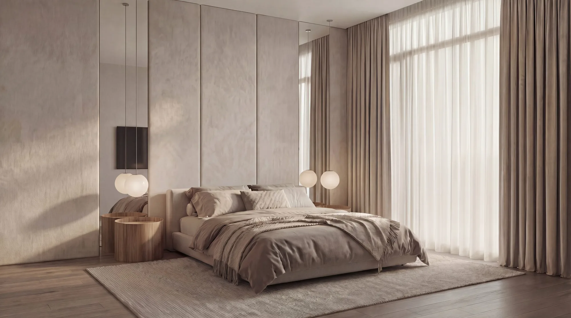 Master bedroom in plaster and walnut, villa at Al Jurf