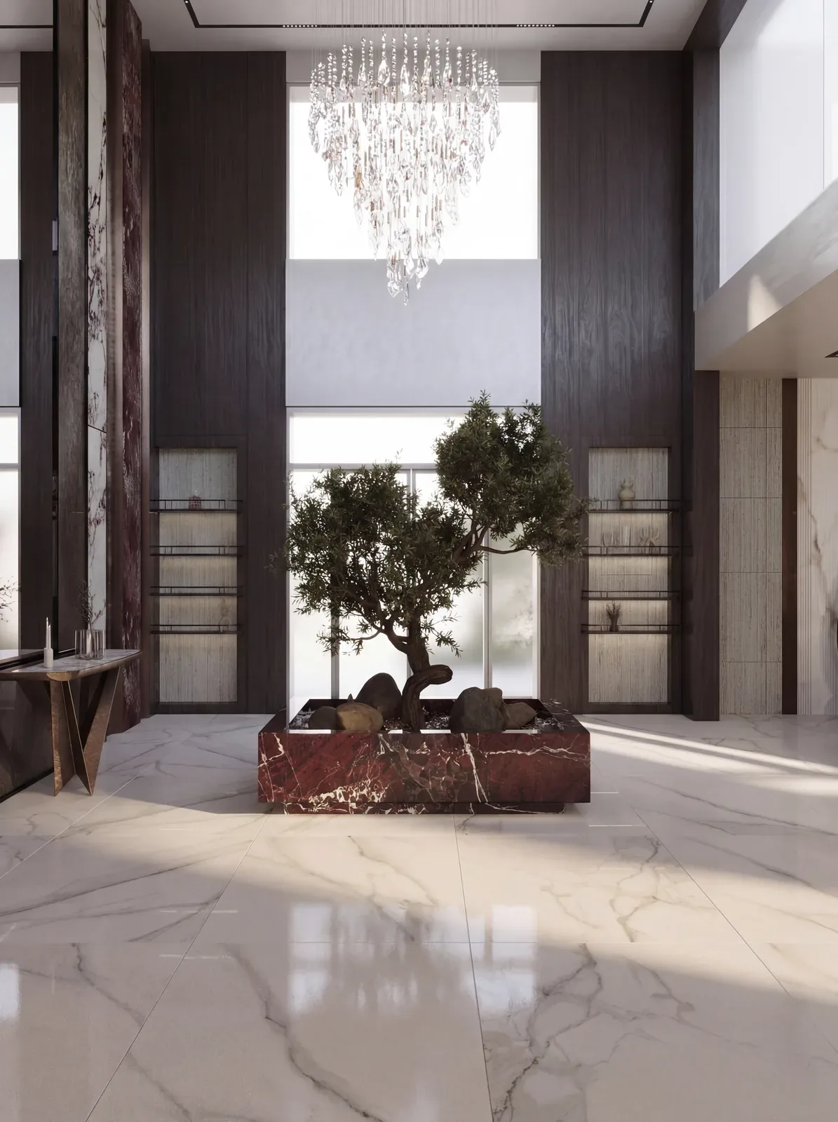 Entrance lobby with an olive tree set in red marble, villa in Dubai