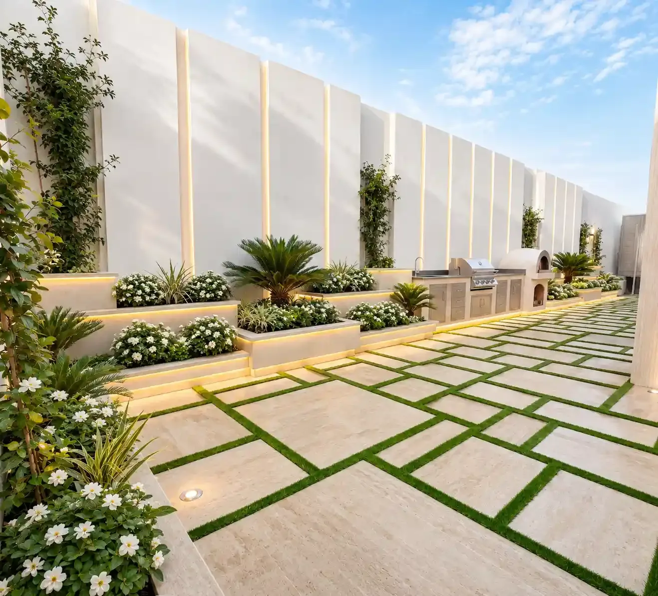 Stone terrace and planters, villa landscape in Dubai
